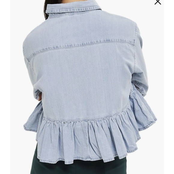 Topshop Blue Ruffle Peplum Hem Denim Shirt Snap Button Long Sleeve Women's 8 - Picture 2 of 8